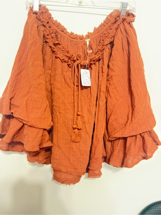 Free People Tops - Free People Burnt Orange Ruffled Boho Tunic with Tassel Tie